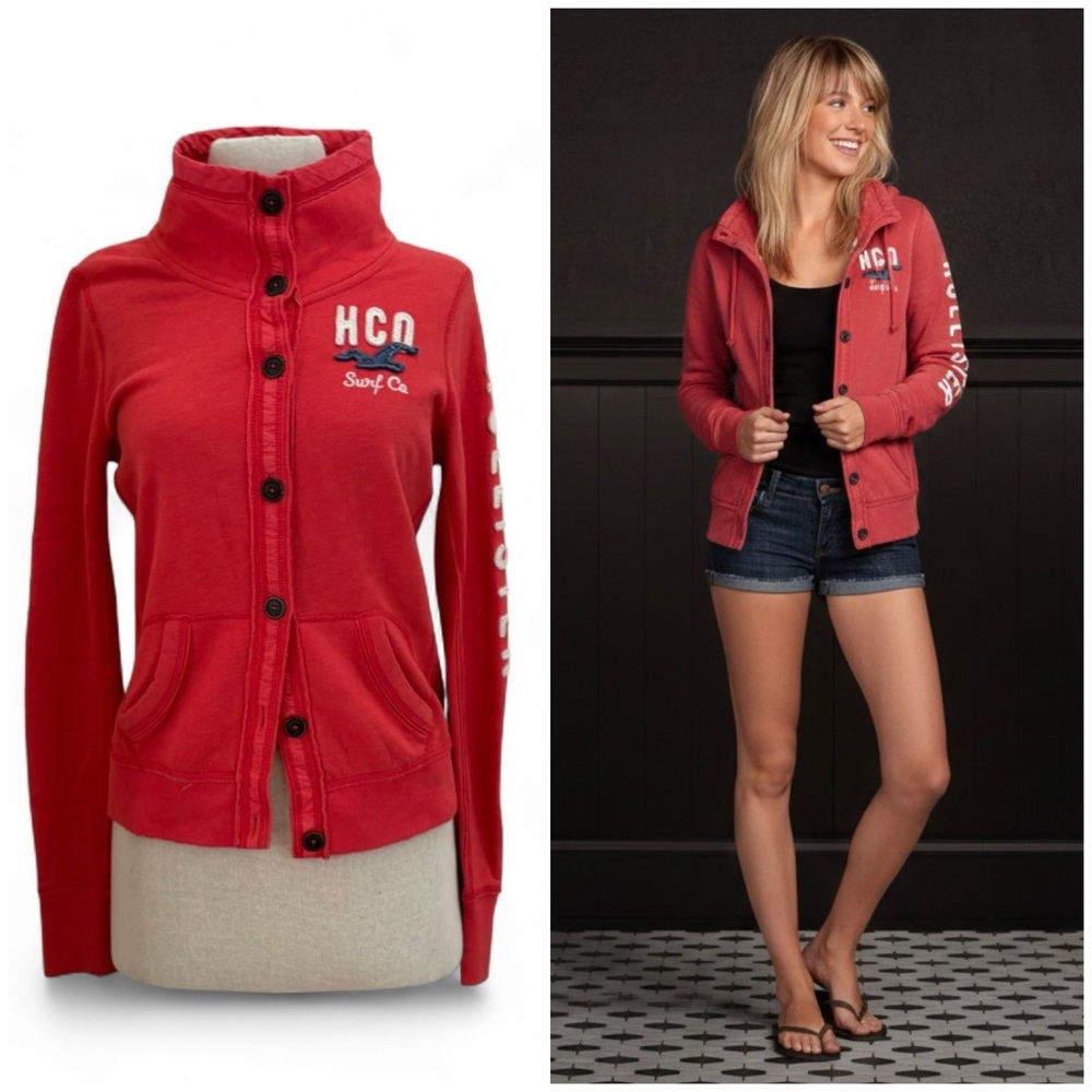 Hollister Vintage Y2K Surf Preppy Coral Spellout Button Fleece Track Jacket S/M